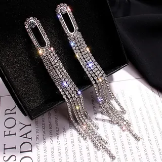 Gold Long Tassel Rhinestone Earrings, Geometric Hollow Rectangle Dangle Hoops, Hypoallergenic Silver Post, Luxury Party Jewelry for Women