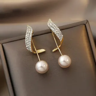 Luxury Pearl & Zircon Dangle Earrings, 18K Gold Plated Alloy Stud Earrings with Sparkling Rhinestone Arc & Round Pearl Drop, Elegant Wedding Party Jewelry for Women