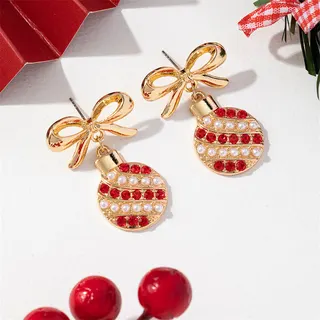 Christmas Butterfly Bow Pearl Earrings, Gold Alloy with Red Rhinestone & Pearl, Festive Dangle Earrings for Women, Holiday Gift Jewelry