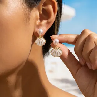 Vacation Style Enamel Pearl Shell Drop Earrings 18K Gold Plated Alloy Blue Fan-Shaped Dangle Earrings 3.2cm