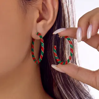 Christmas Red Green Twist Hoop Earrings - Alloy Spiral Holiday Hoops, Festive Party Statement Earrings for Women, 1 Pair