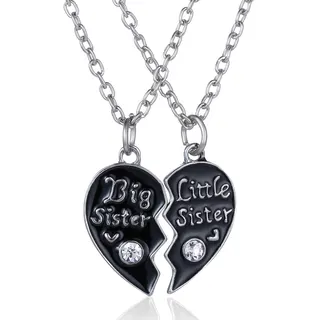 Big Sister & Little Sister Necklace Set of 2, Black Enamel Broken Heart Pendant with Cubic Zirconia, Silver Chain, Best Friend Gift for Sisters