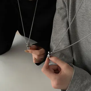 Astronaut Star & Heart Magnetic Couple Necklace Set, 46cm Silver Alloy Chain, Ins Style Gift for Her