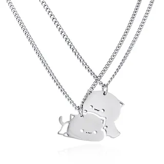 Cute Kitten Cartoon Couple Necklace Set - Stainless Steel Silver Mirror Polished, Hugging Cat + Lying Cat Pendant, 60cm Chain, 2-Piece Matching Set for Lovers & Best Friends