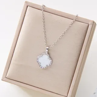 Luxury Four Leaf Clover Necklace Women Black Enamel Rhinestone White Gold Clavicle Chain Adjustable 40+5cm Gift