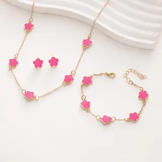 Lucky Clover Jewelry Set for Women - 18K Gold Plated Alloy Necklace Bracelet Earrings Trio, Red Enamel Four-Leaf Charm, 48cm Chain 23cm Bracelet, Elegant Gift Set