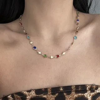 Vintage Multi-Color Crystal Necklace, 18K Gold Plated Alloy Collar Chain with Multicolor Zircon Beads, Adjustable 45+5cm, French Bohemian Statement Necklace for Women