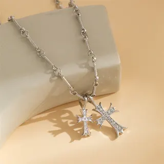 Gold Double Cross Pendant Necklace with Rhinestones, 18K Gold Plated Alloy Adjustable 40+5cm Clavicle Chain, Vintage Religious Style Women's Jewelry Gift
