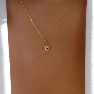 Sunburst Sun Pendant Necklace, 18K Gold Plated Alloy, Vintage Boho Collarbone Chain, Adjustable 40+5cm, Delicate Gold Fine Jewelry for Women