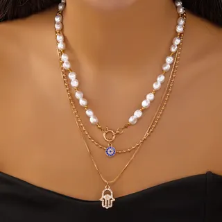 Layered Pearl Statement Necklace with Rhinestone Hamsa Hand & Blue Zircon Evil Eye Pendant, 3-Layer Gold Plated Alloy Long Chain, Boho Vintage Jewelry for Women