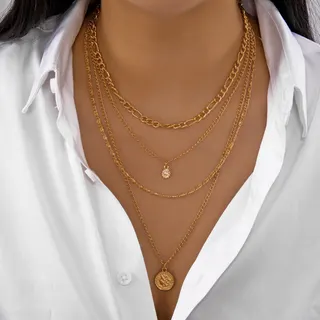 Bold Coin Portrait Chunky Chain Necklace, 3-Layer Layered Statement Piece, Gold-Plated Alloy & Copper Chain, Vintage Hip-Hop Style, 36.5+5cm, REACH Tested
