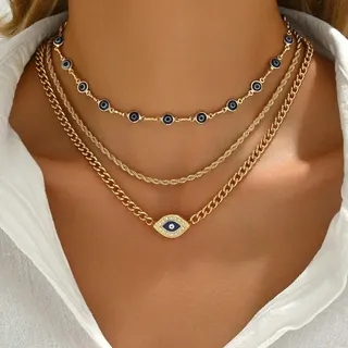 3-Piece Evil Eye Necklace Set, Gold Plated Alloy Layered Chain with Rhinestone Blue Eye Pendant, Bohemian Statement Jewelry for Women
