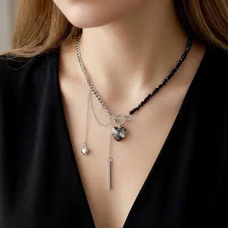 Vintage Heart Star Crystal Tassel Necklace - White Gold Plated Alloy Choker with Rhinestone Beads & Dangling Chains, Sweet Cool Layered Pendant for Women