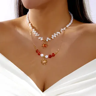 Cross Pearl Necklace Double Layer Layered Chain, 18K Gold Plated Alloy with Color Gemstones, Vintage Elegant Long Pendant Necklace for Women, 38+5/42+5cm