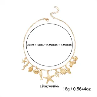 Boho Ocean Charm Necklace Gold Alloy & Pearl Starfish Shell Sun Coral Dangle Adjustable 38+5cm Summer Beach Jewelry