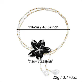 French Vintage Beaded Flower Necklace - Handwoven Black Seed Bead Bloom with Baroque Pearl Drops, Multi-Layer Long Statement Sweater Chain for Women