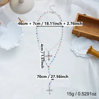 Y2K Cross Necklace for Women Double Layer Lariat Chain Rainbow Zircon Crystal Pendant Gothic Street Style Layered Collarbone Necklace
