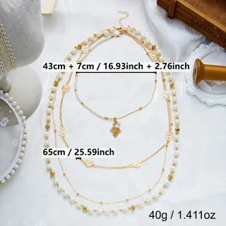 French Vintage Layered Necklace Set - 4-Layer Pearl & Flower Cutout with Maple Leaf Zircon Pendant, 18K Gold Plated Alloy, 43+7cm/65cm, Gold