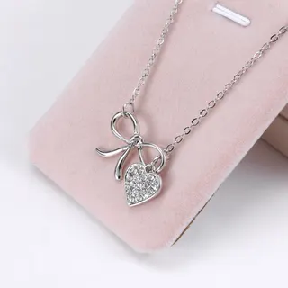 White Gold Bow Heart Pendant Necklace, Alloy Rhinestone Full-Paved Sweet Delicate Clavicle Chain, Adjustable 54+5cm, Gift for Her