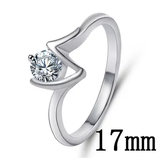 White Gold Zircon Ring for Women, Minimalist Asymmetric Open-Work Band with Round Cubic Zirconia, 18mm, Hypoallergenic Plated, Engagement/Daily Jewelry
