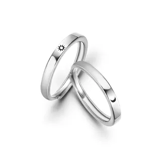 Sun & Moon Couple Rings - Adjustable Open Band Sterling-Plated Copper Ring Set, Minimalist Polished Silver Engraved Sun Moon Pair, Anniversary Gift for Him & Her