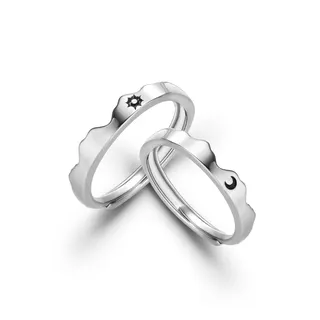 Sun & Moon Open Adjustable Couple Rings - Silver Plated Copper Wave Band with Star Sun and Crescent Moon Engraving, Promise Anniversary Gift Set of 2