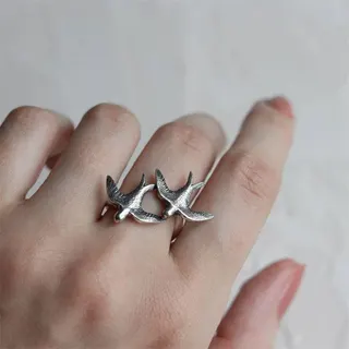 Silver Dove Bird Ring Pair - Alloy Electroplated Open Adjustable Ring, Vintage Artistic Swallow Design, Stackable Finger Ring for Women