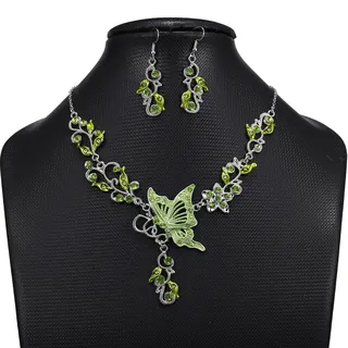 Butterfly Flower Bridal Jewelry Set, White Gold Plated Alloy Necklace & Earrings with Green Rhinestones, Hollow Butterfly Pendant, Wedding Party Elegant Accessories