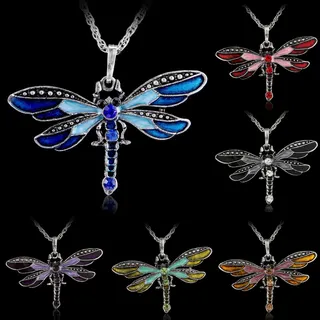 Vintage Dragonfly Pendant Necklace, Purple Gradient Enamel Wings with Rhinestone Pavé, Alloy Fashion Jewelry for Women