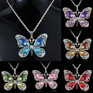 Butterfly Necklace for Women, White Gold Plated Alloy Pendant with Blue Enamel & Cubic Zirconia, Openwork Lace Design, 42x57mm
