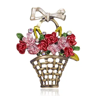 Vintage Flower Basket Brooch with Bow, French Retro Enamel Rose & Woven Basket Design, Alloy with AB Crystal Accents, Antique Bronze Finish, Wedding Party Accessory