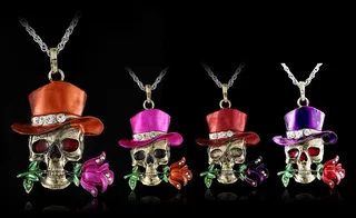 Gothic Skull Top Hat Necklace, Blue Enamel Alloy Pendant with Rhinestone Band & Red Rose, Halloween Punk Statement Jewelry for Women