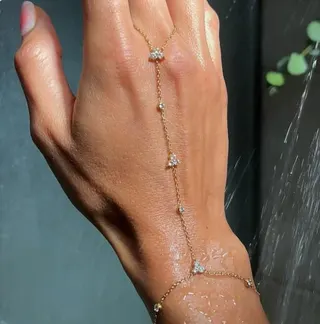 Gold Finger Chain Bracelet - Minimalist Geometric Hand Chain with Crystal Zircon Accents, 18K Gold Plated Copper, Elegant Slim Link Wristband for Women
