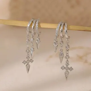Gold Tassel Cross Earrings with Zircon Dagger Drop, Irregular Statement Hoop Earrings for Women, 18K Gold Plated Copper Long Dangle Earrings