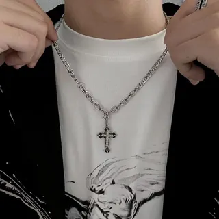 Cuban Link Chain Cross Pendant Necklace, Rhinestone Inlay, Alloy Silver Plated, 50cm, Street Hip Hop Jewelry for Men and Women