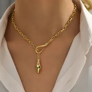 Snake Head Pendant Necklace, 18K Gold Plated Alloy with Rhinestones & Green Enamel Eyes, Vintage Luxury Clavicle Chain for Women, 50cm
