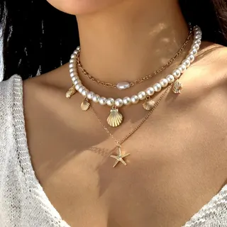 Pearl Starfish Shell Necklace 3-Piece Set, Gold Alloy with Imitation Pearl, French Vintage Ocean Style Layered Necklace for Women, 40+5cm