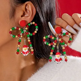 Christmas Santa Swinging Earrings, Colorful Beaded Bow Dangle Earrings, Resin Cartoon Holiday Drop Earrings for Women, Festive Party Jewelry Gift