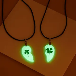 Glow in the Dark Four Leaf Clover Couple Necklace, Resin Pendant with Leather Cord, Lucky Clover Matching Set for Him & Her, 46cm