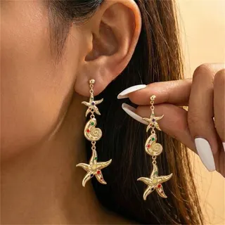 Gold Starfish Dangle Earrings for Women, Boho Beach Vacation Long Drop Earrings with Color Zircon, 18K Gold Plated Alloy Hollow Wave Design, 9.5cm Face-Slimming Dainty Earrings (Pair)
