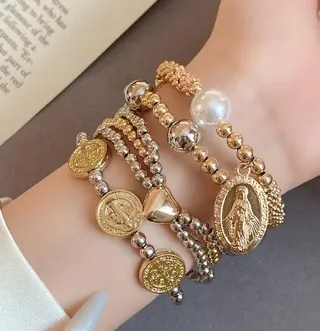 Vintage Gold Beaded Bracelet Set - Multi-Strand Pearl & Relief Charm Bracelets, 18K Gold Plated ABS, Elegant Religious Pendant, ~18cm
