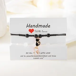 Cute Cat Couple Bracelet Set, Handmade Braided String Beads with Alloy Cat Charm, Adjustable 16-26cm, Black & White Pair Gift Card
