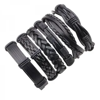 Men's Vintage Braided Leather Bracelet Set of 6 - Black Wax Cord Handwoven Adjustable 19-28cm Street Style Bangles
