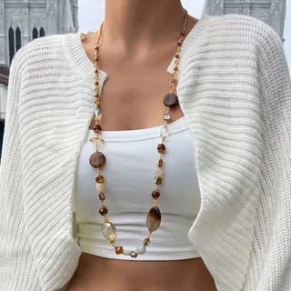 Bohemian Beaded Long Necklace 90cm Amber Agate Natural Stone Gold Plated Chain Vintage Ethnic Layering Necklace for Women