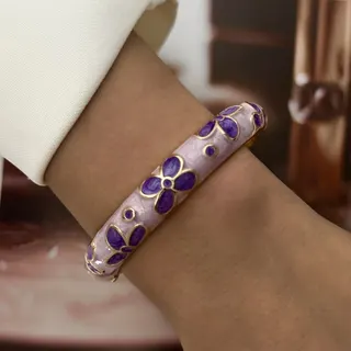 Vintage Purple Enamel Bangle Bracelet for Women - Wide Wave Pattern Gold-Plated Alloy Cuff, French Retro Statement Jewelry, Approx 6cm