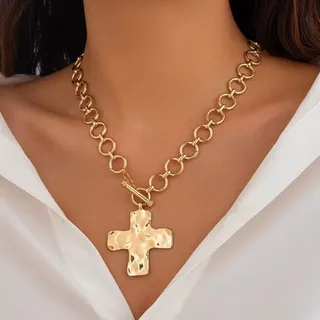 Gold Cross Pendant Necklace for Women, Hammered Texture Alloy OT-Link Chain, 45cm Luxury Retro Clavicle Chain