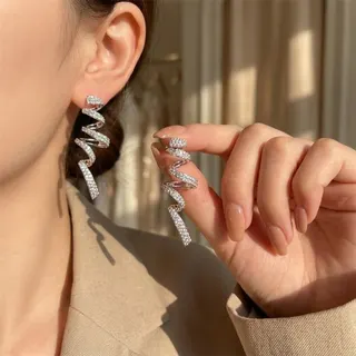 Luxury Rhinestone Spiral Ribbon Drop Earrings, Alloy Micro-Pavé Zircon Long Dangle Earrings for Women, Elegant Face-Slimming Dangle Earrings (Pair)