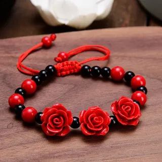 Bohemian Rose Flower Bracelet for Women, Adjustable Black Cord Beaded Handmade Wristband with 3D Resin Red Roses, Vintage Ethnic Style Gift Jewelry