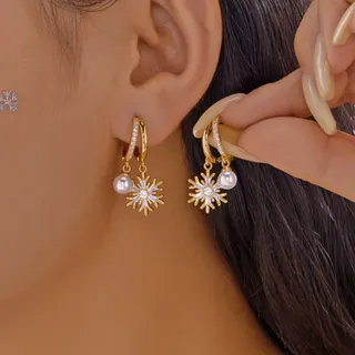Christmas Snowflake Pearl Drop Earrings for Women, Gold-Plated Alloy with Cubic Zirconia, Festive Party Jewelry Gift