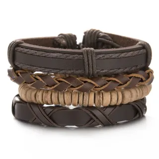 Men's Leather & Wood Bead Bracelet Set - Multi-Layer Woven Handmade Cord Wristband, Vintage Boho Workwear Style, Stackable Natural Wood Beads, Gift for Him